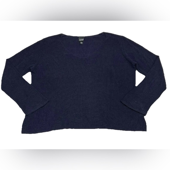 Eileen Fisher Sweater Large Navy Blue Pullover V Neck Rib Knit Casual - Picture 3 of 8